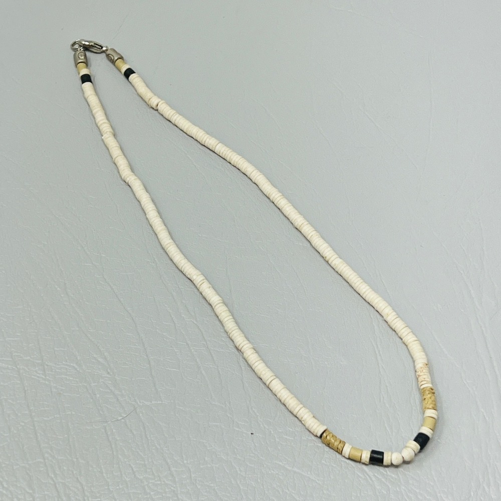 Vintage Beaded Necklace Tribal Ethnic Boho Surfer Style White Tan Black